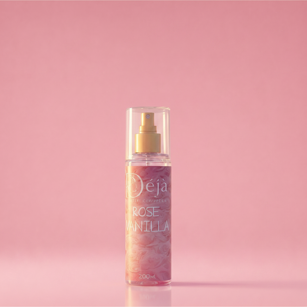 Rose Vanilla Body Splash on Pink Background